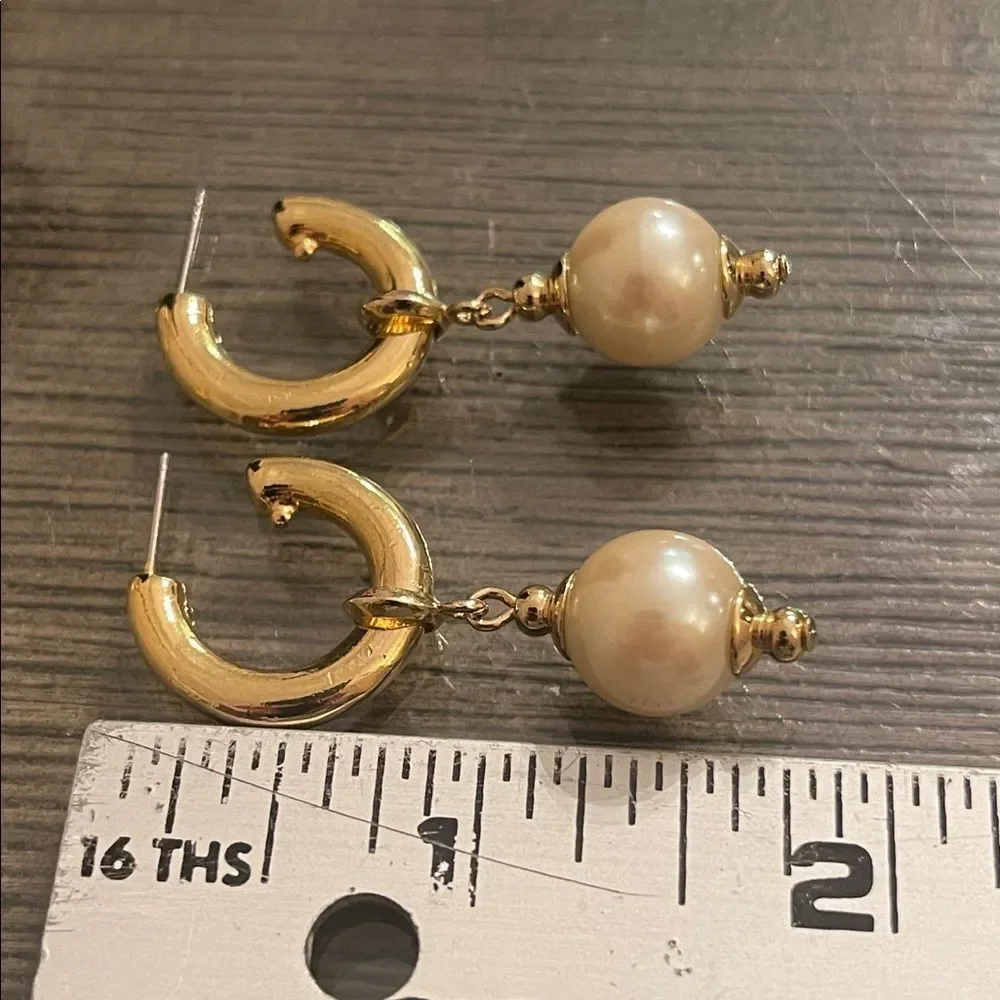 Vintage Gold-tone Hoops with Faux Pearl Charms- Drops - Picture 8 of 16